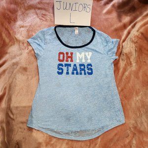 Juniors L Oh My Stars America Colored Text Made in USA Blue Burnout Graphic Tee